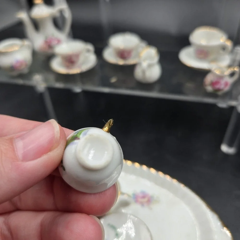 Vtg Miniature Ceramic Tea Set 22pc Pink Floral Rose w Gold Trim EXC Super Tiny